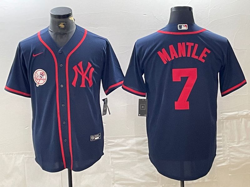 Men New York Yankees 7 Mantle Blue Third generation joint name Nike 2024 MLB Jersey style 3